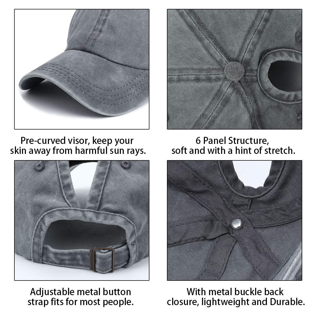 PALAY Womens Baseball Cap for Everyday Wear with Ponytail Hole Adjustable 54–60 cm Cotton Grey