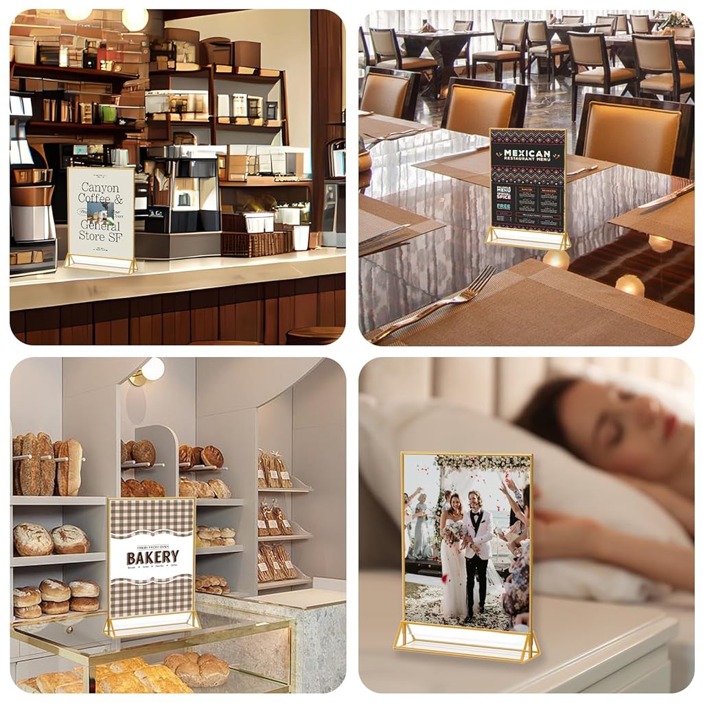 Climberty® 8PCS Acrylic Sign Holders A4 Sized Golden Framed Double Sided Clear Advertising Flyers Display Stand Table Menu