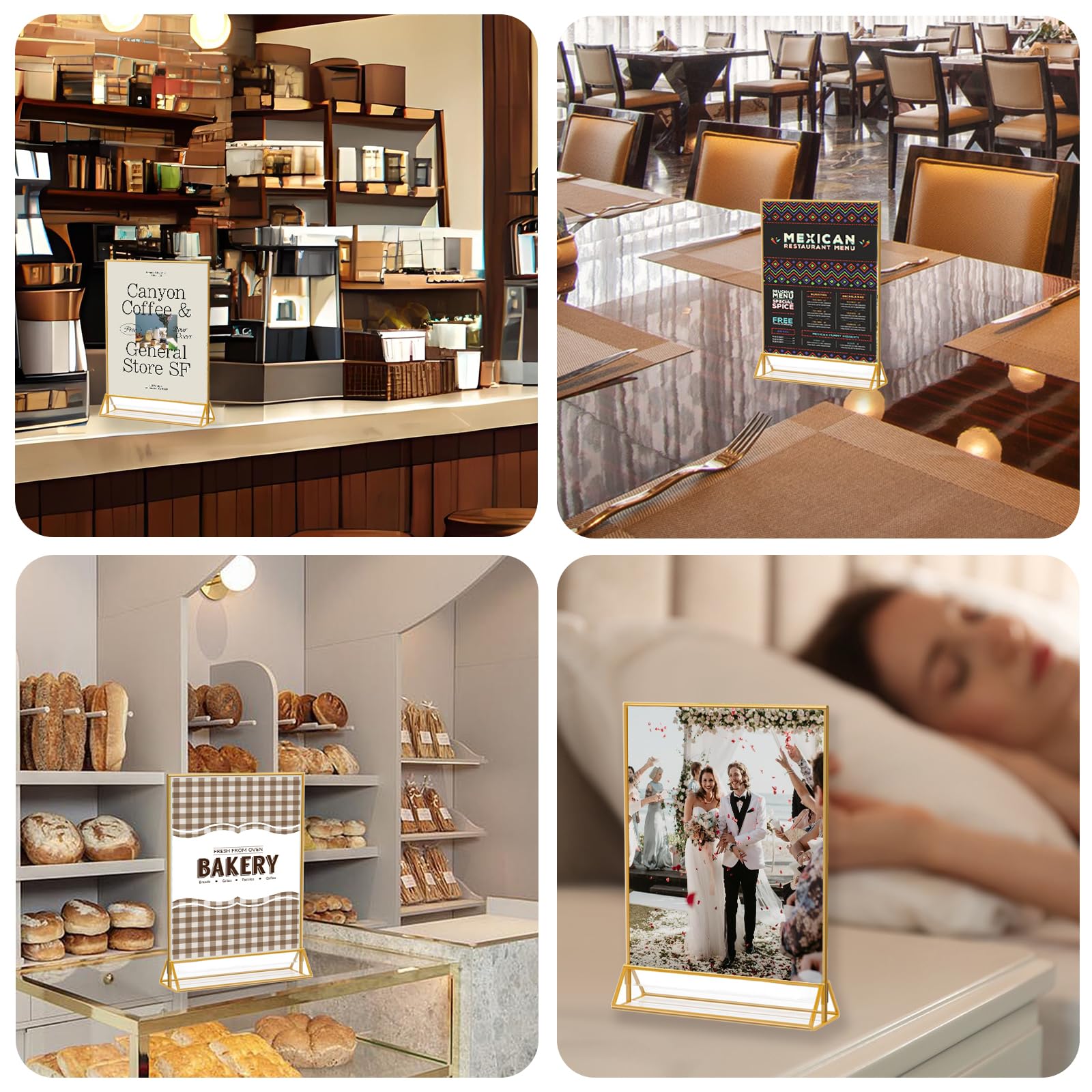 Climberty Acrylic Sign Holders for Table Menus with Stable Base 8pcs A4 Golden Frame | Clear Double Sided Display