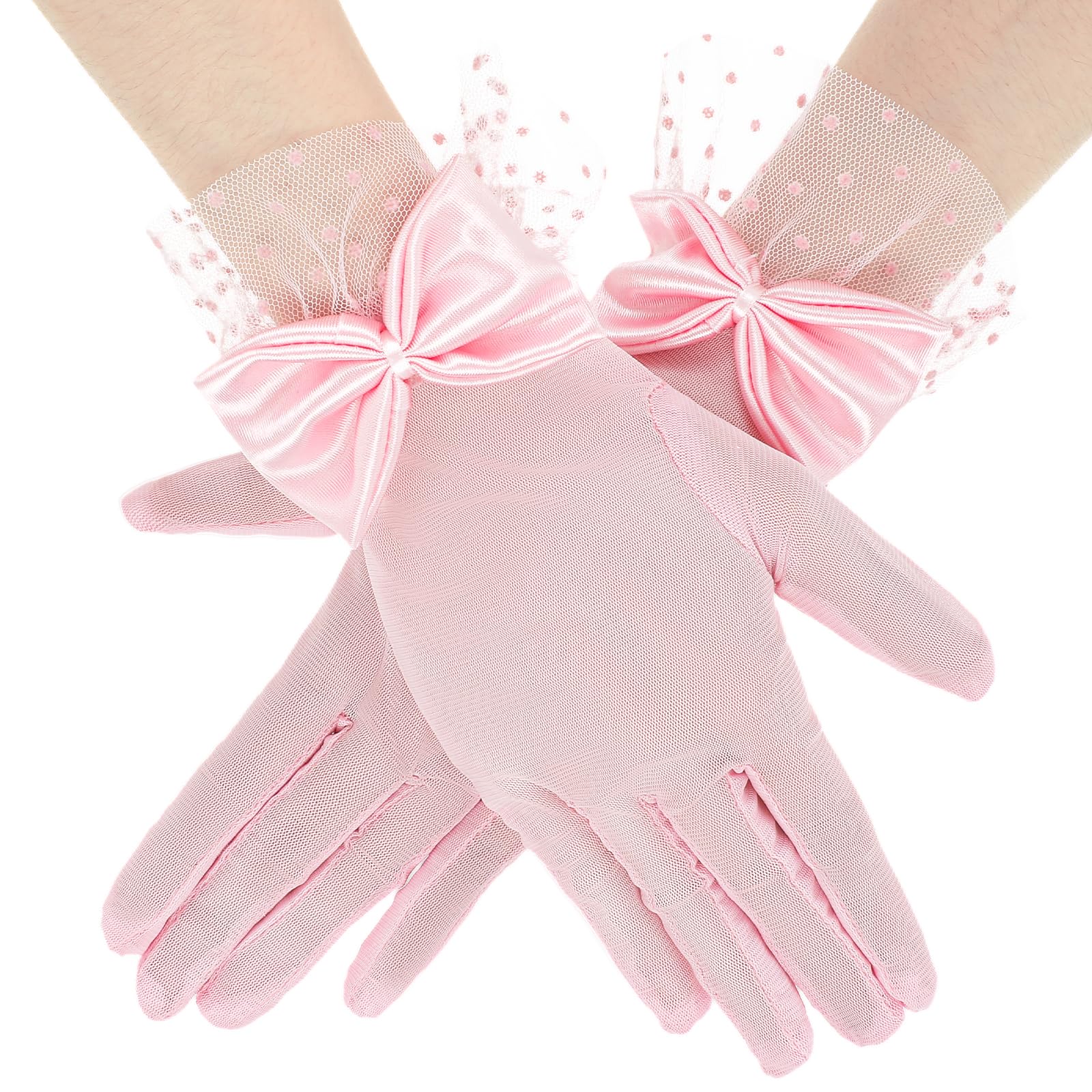 PATPAT® Pink Dress Gloves for Women, Elegant Gown Gloves Sweetly Stylish Bow and Lace Cuff, Girls Women Lace Gloves Stylish Formal Gown Accessories.