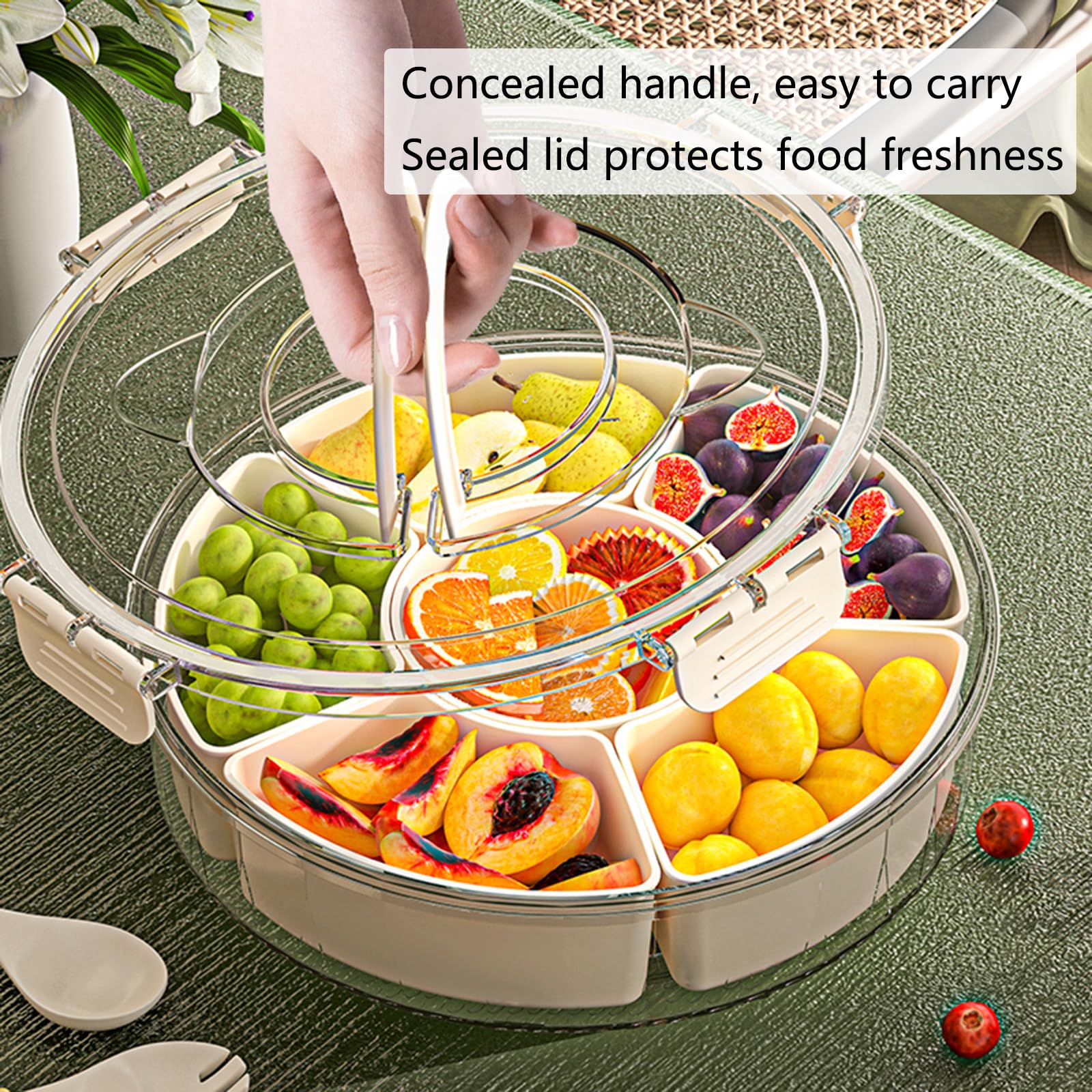 Supvox Rotating Snack Tray for Parties with 6 Compartments and Seal Lid | Food Grade PP Organizer