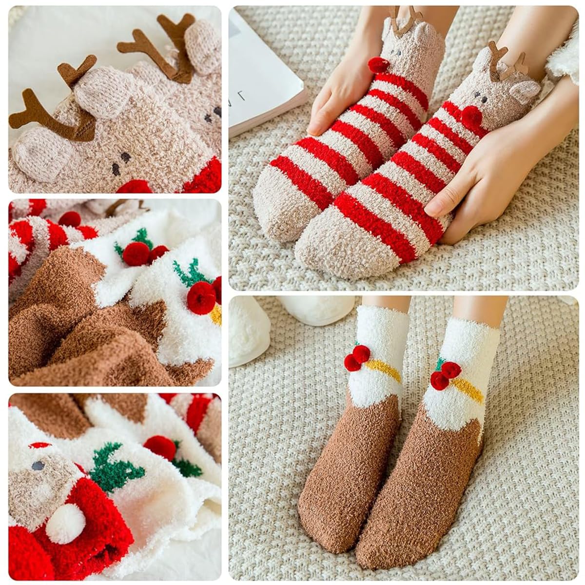 GUSTAVE Christmas Socks Set for Home Wear with 5 Pairs Coral Velvet Warm Ankle Design