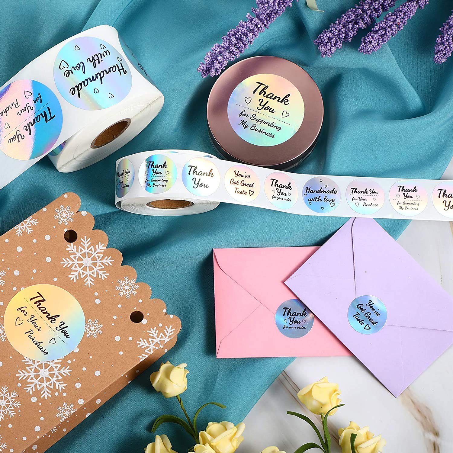 HASTHIP Thank You Stickers Roll for Gifts and Business Packaging with 500 pcs 1.5 in Holographic Round Labels | 8 Rainbow Styles