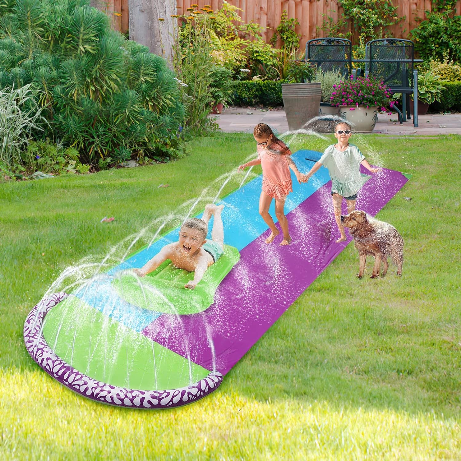 PATPAT® 15.7*4.6ft PVC Water Lane Slip Slides Kids Water Lane Slip Slides with 2 Inflatable Lane Surfing Board Outdoor Summer Water Lane Slip Slide for Garden, Backyard