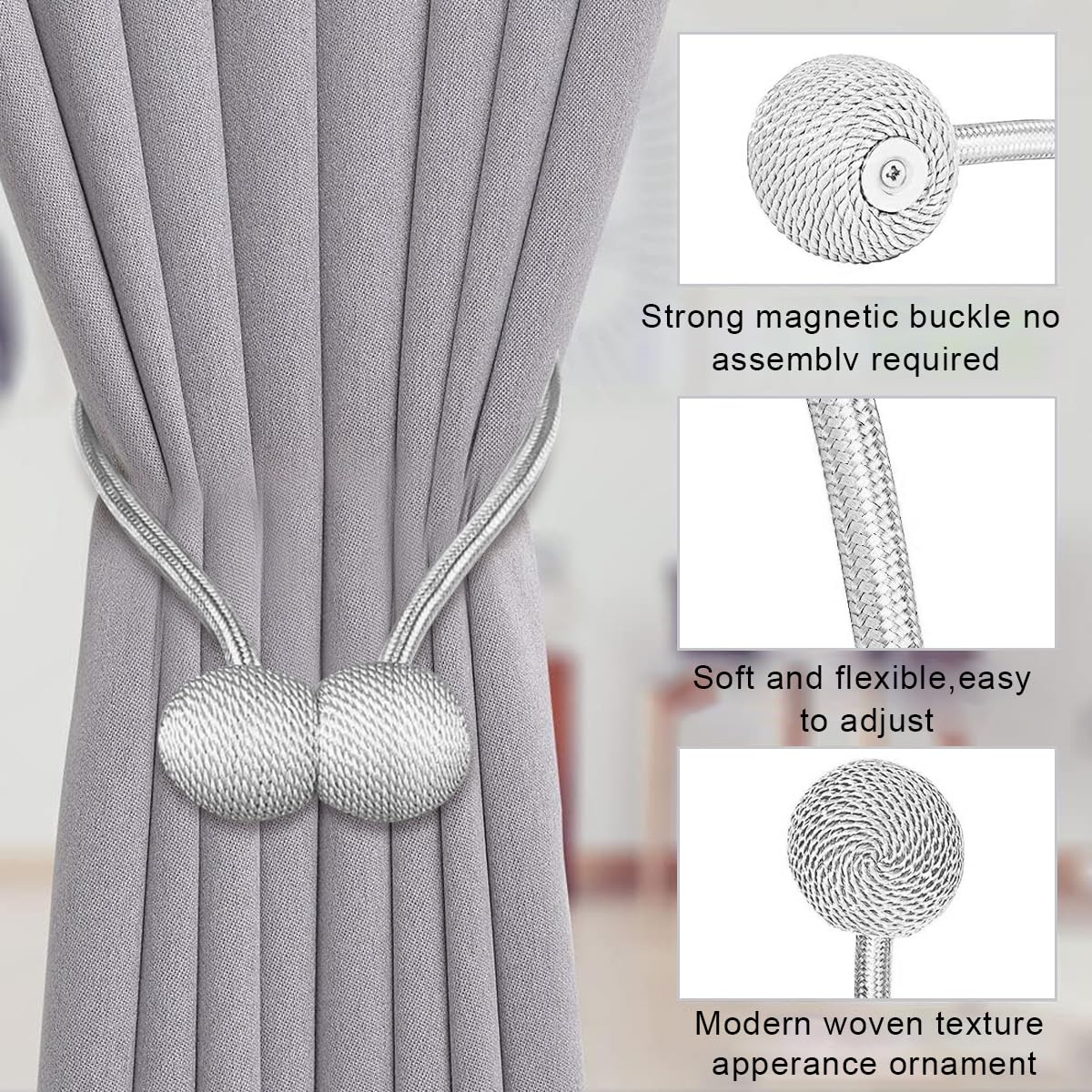 HASTHIP Magnetic Curtain Tiebacks for Home and Office with 40cm Rope and 3.3cm Balls | Grey