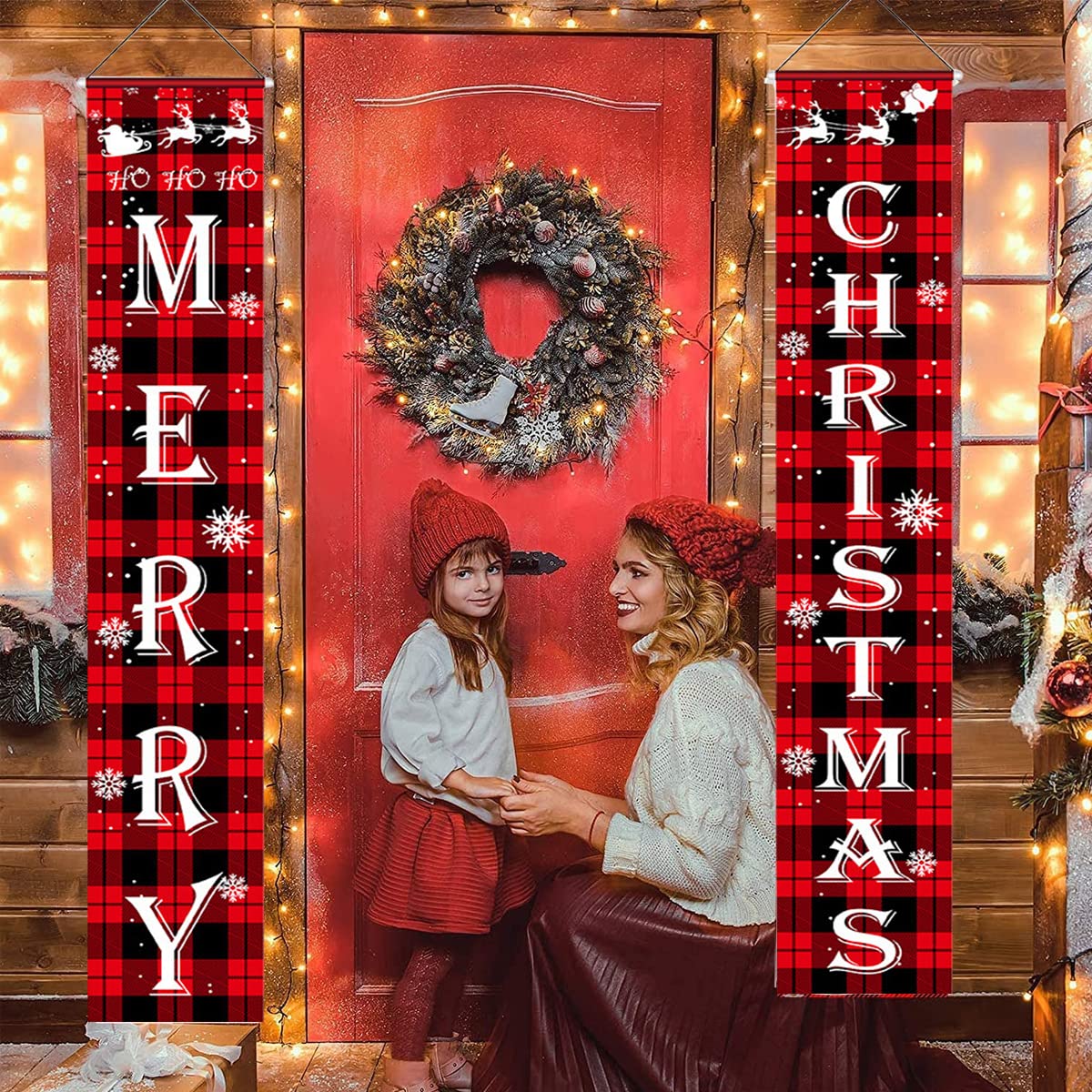 HASTHIP Christmas Decorations Outdoor Yard Porch Sign Set with 1.8m x 30cm Banners | Red Black Buffalo Plaid Merry Xmas Door Decor