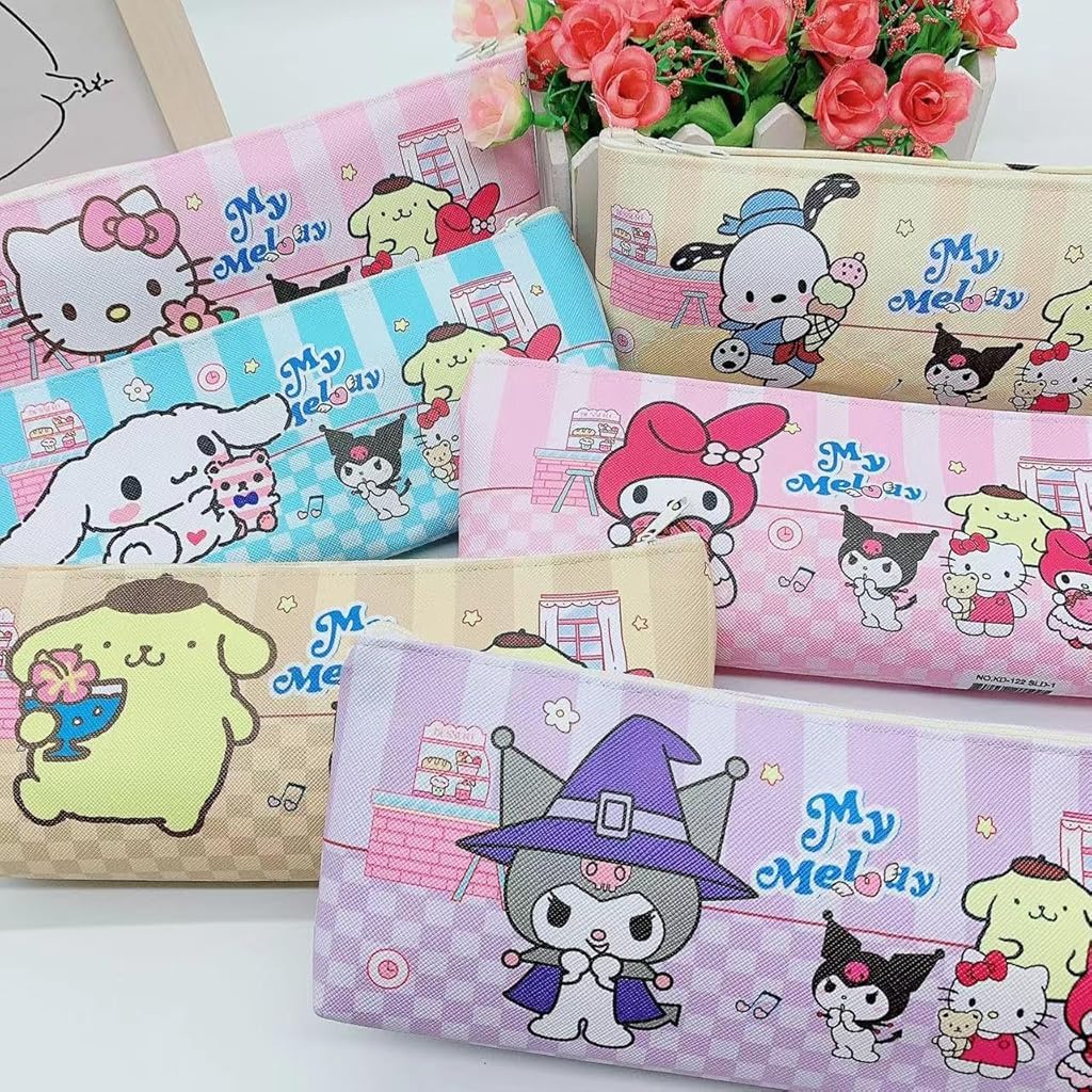 Climberty® 6Pcs Sanrio Cartoon Pencil Pouch for Students Cinnamoroll Pencil Pouches School Girls Cartoon Print Kitty Pencil Pouches PU Stationeries Zipper Pouches School Gifts for Girls, 21x8x3cm