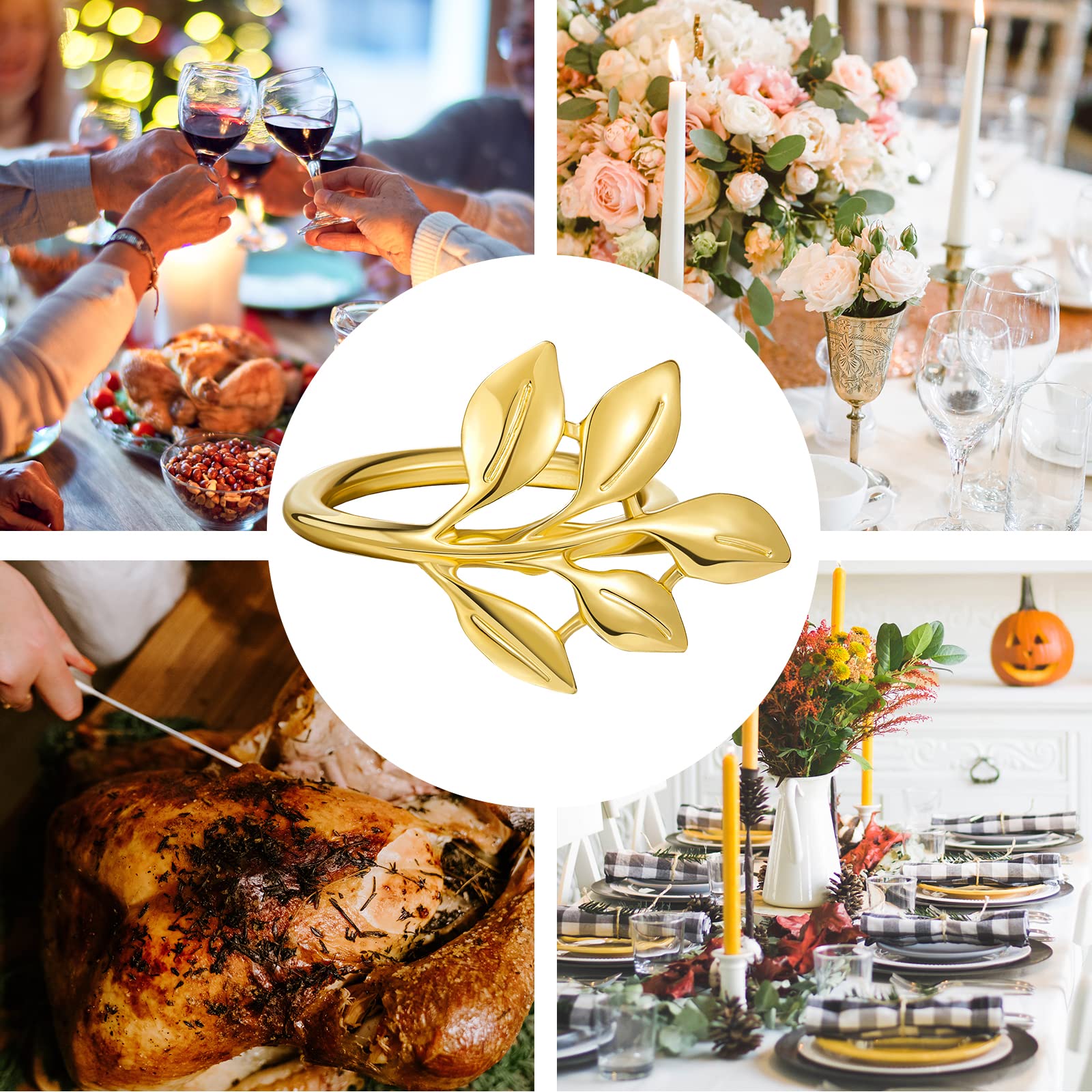 ZIBUYU Napkin Rings Set of 6 for Dining Table featuring Golden Leaf Metal Design | Elegant Wedding Decor