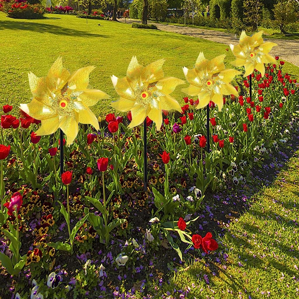 Optifit Reflective Pinwheel Garden Set for Bird Deterrence with Glittering Golden PET Blades 21 in | Decorative Lawn and Flower Bed Spinner