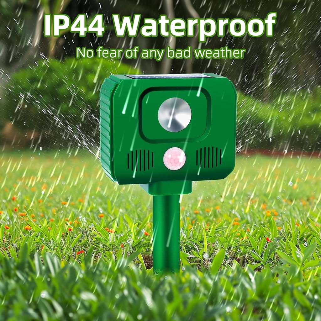 ORTIZA Outdoor Ultrasonic Animal Repeller - Solar Animal Repellent Devices - IP54 Waterproof Ultrasonic Repellent Device with Motion Sensor - Ultrasonic Animal Repellent for Dog, Rodent, Cat, Bird