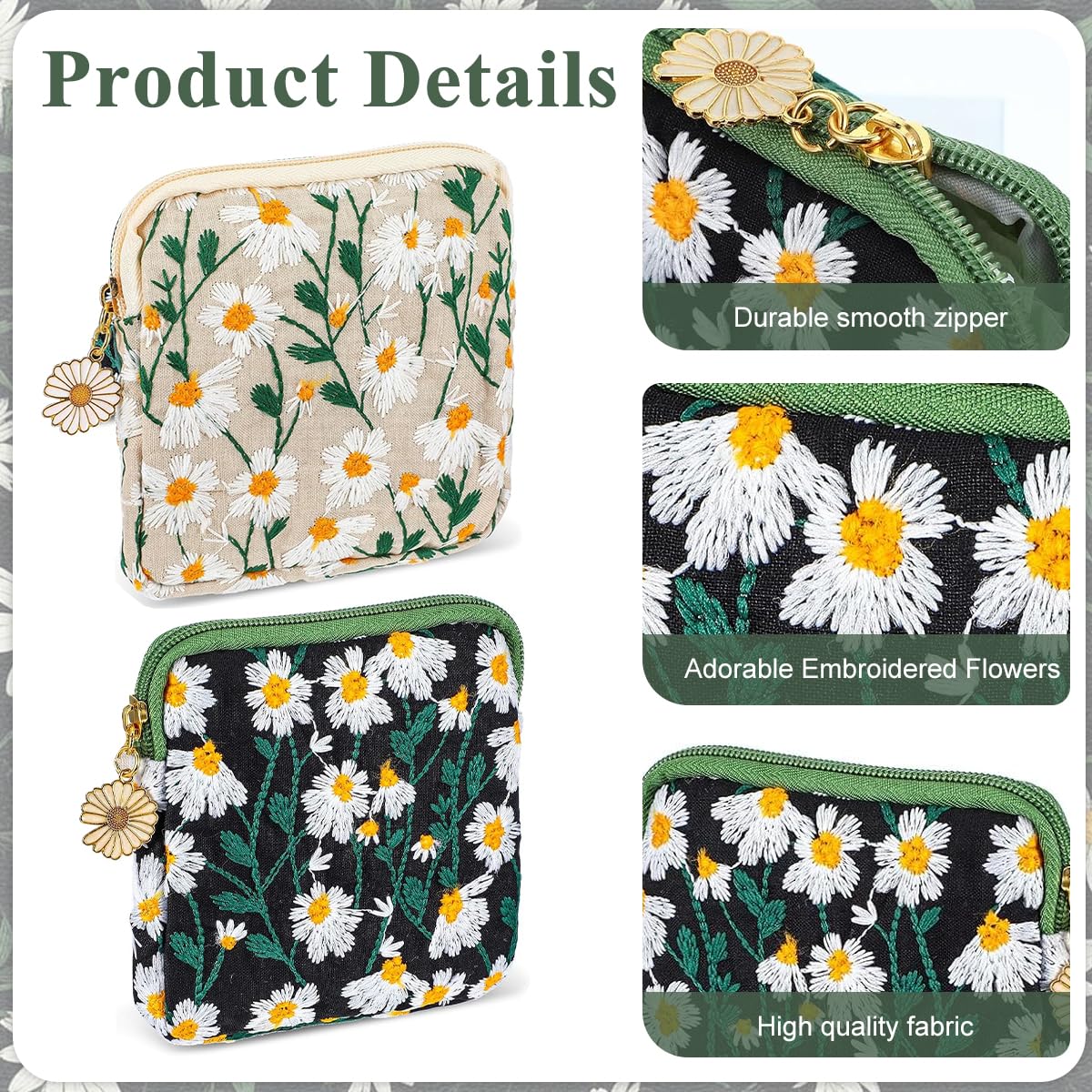 MAYCREATE Small Pouches for Sanitary Pads featuring Zipper Closure and 13x13cm Cotton Design | Pack of 2 for Women