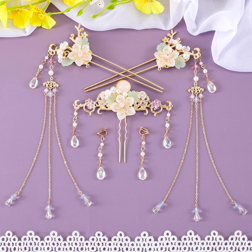 SANNIDHI® 5PCS Orchid Flower Tassels Hairpin, Crystal Rhinestone Pearl Hair Clips Retro Floral Brides Hair Accessories Jewelry for Women Girls Updo Long Hairs