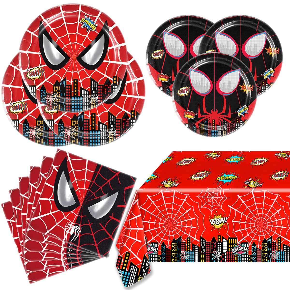 FANCYKU® Birthday Party Supplies Set of 81Pcs Cartoon Themed Party Food Serving Supplies Themed Cake Plates,Utensils,Napkins Table Cloth Cups Anime Spidey Supply