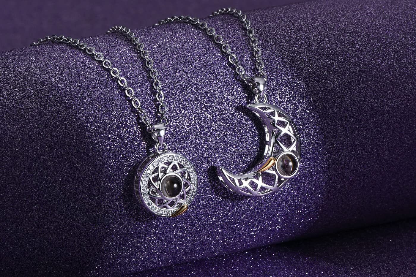 ZIBUYU Necklace for Couples Chain Friendship Pendant for Girlfriend & Boyfriend Shining Sun & Moon Design Rhinestone Magnetic Necklace Gift for Valentine & Anniversary - 2 Pcs