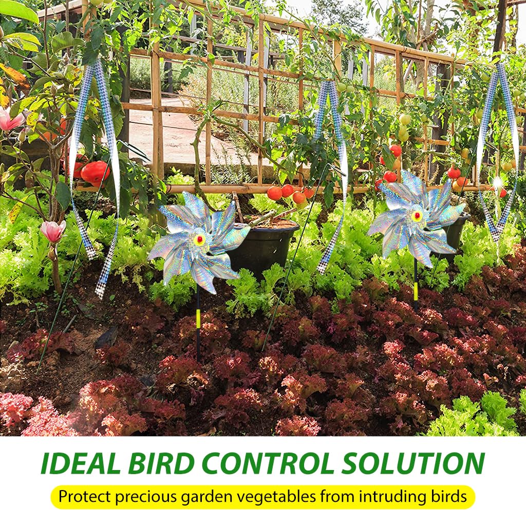 HASTHIP Bird Repellent Set for Gardens with 2.4cm x 80m Reflective Belt and Silver Pinwheels | Weatherproof PET Design