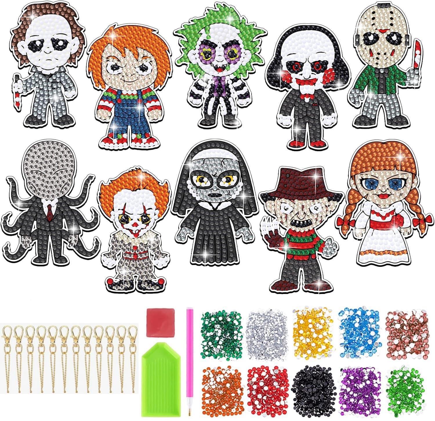PATPAT DIY Halloween Diamond Art Keychain Kit featuring 10 Acrylic Charms with Resin Beads for Kids and Adults