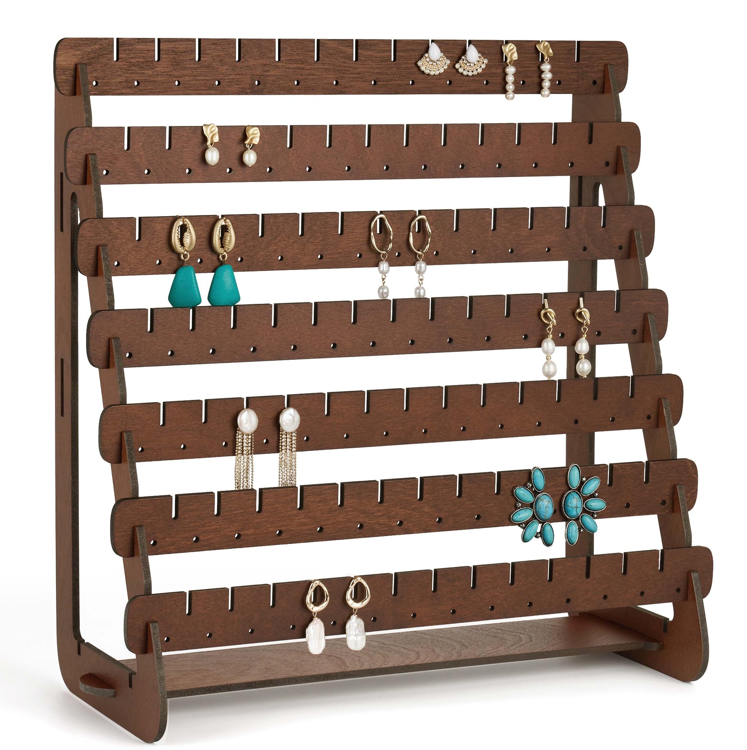 HASTHIP® Earring Display, Wood Earrings Stand Stud Tower Jewelry Organizer Holder for Stud Hook Earrings Organizer - Coffee