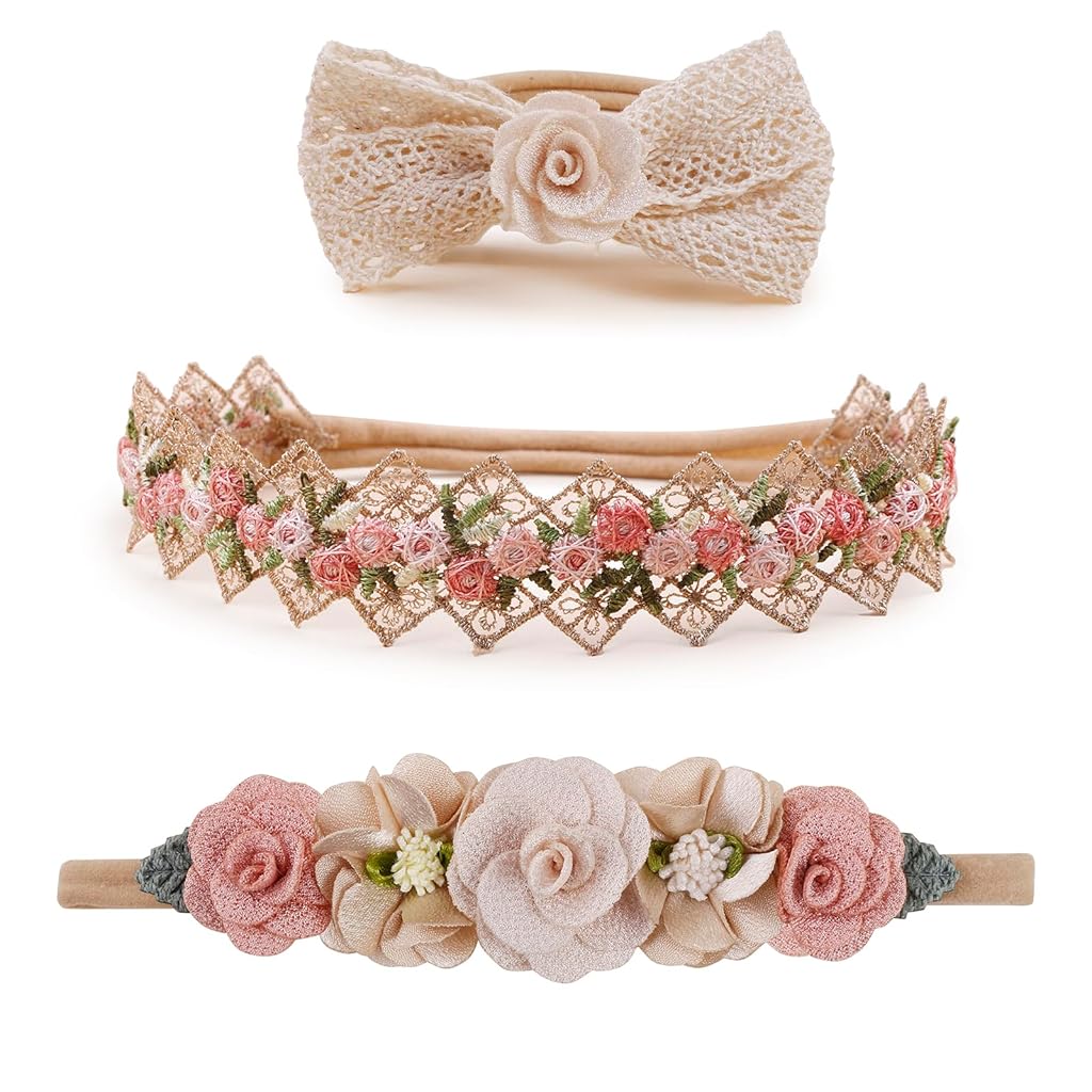 SNOWIE SOFT® 3Pcs Hair Bands for Baby Girls 0-24 Months,3-Design Nylon Turban Knotted Bow Baby Girl Hair Bands Flower Crowns,Soft High Elastic Headbands for Girl - Accessories