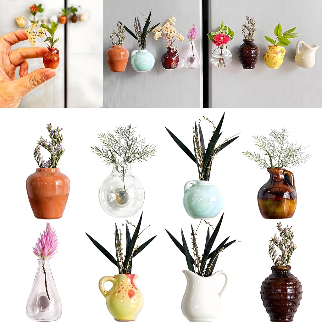 HASTHIP® Mini Magnetic Vases for Refrigerator, Decorative Resin Retro Empty Vase, Micro Magnetic Ornament for Home, Office, or Kitchen Decor, Pack of 8