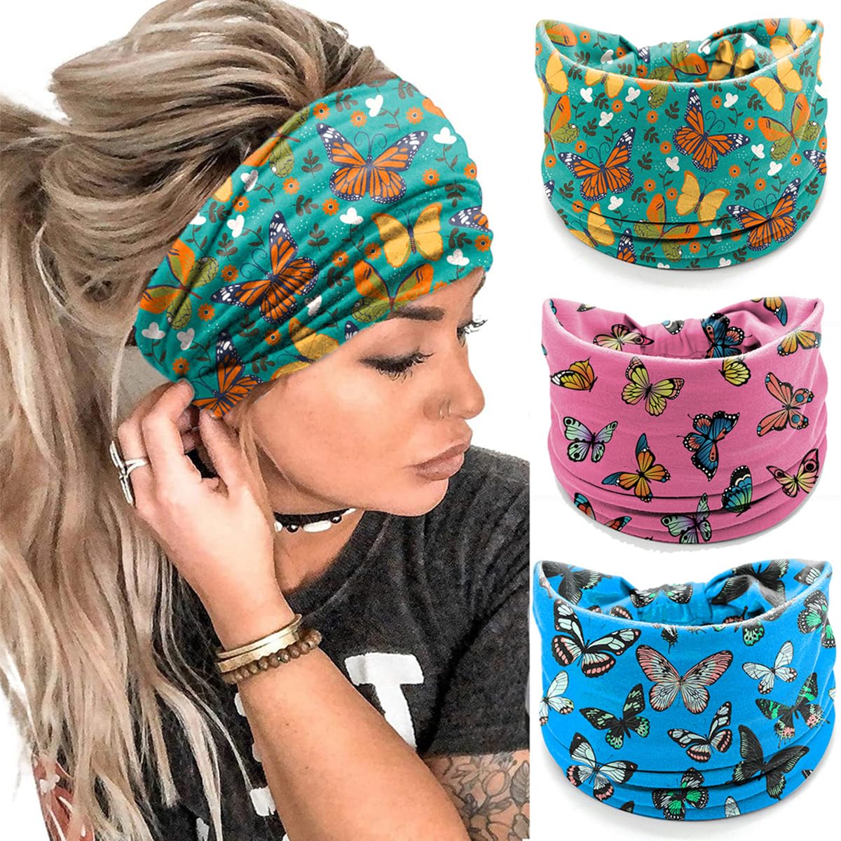 Proberos Hair Band for Women for Yoga and Running with Butterfly Print 3 Pack | Soft Polyester Spandex Fit