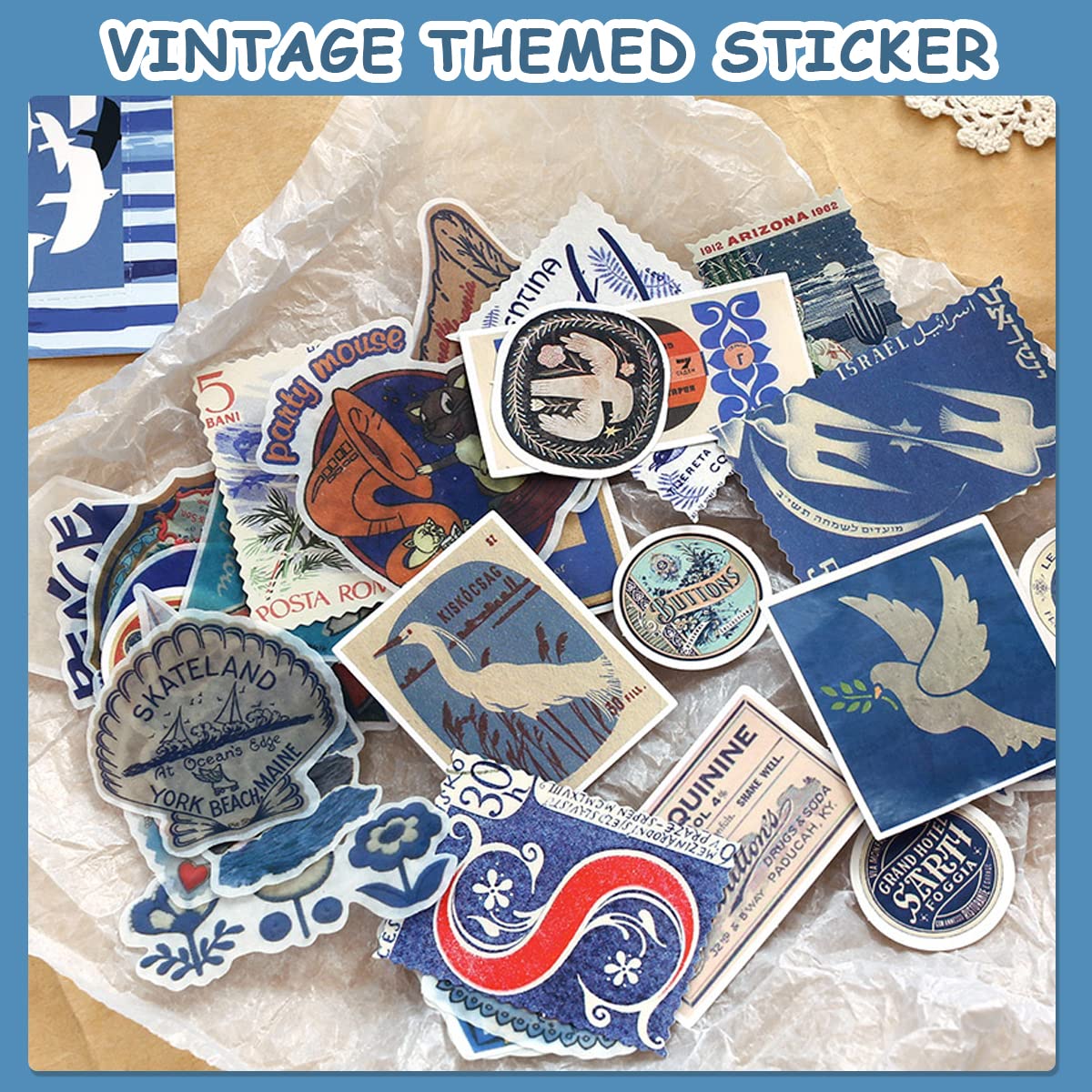 HASTHIP Paper Scrapbook Stickers Kit for Journaling and Scrapbooking with 3 PCS 5cm Blue Retro Papers | Includes 20 Stamp and 20 Washi Stickers
