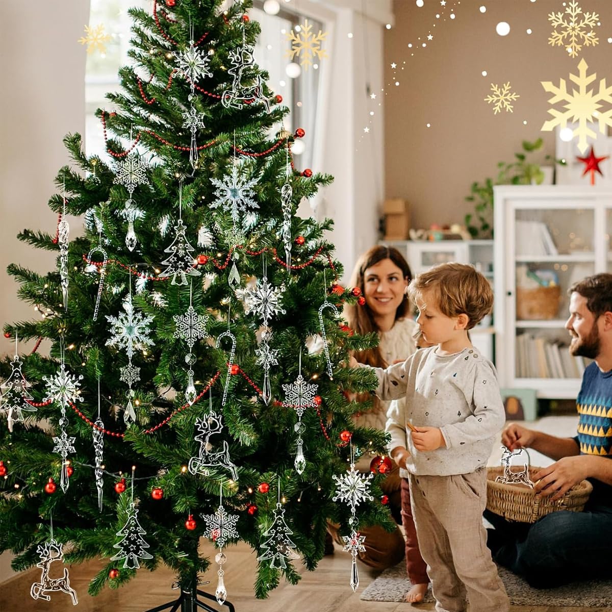 HASTHIP Christmas Tree Decorations 18Pcs for Home and Window featuring Crystal Acrylic Snowflake and Icicle Ornaments