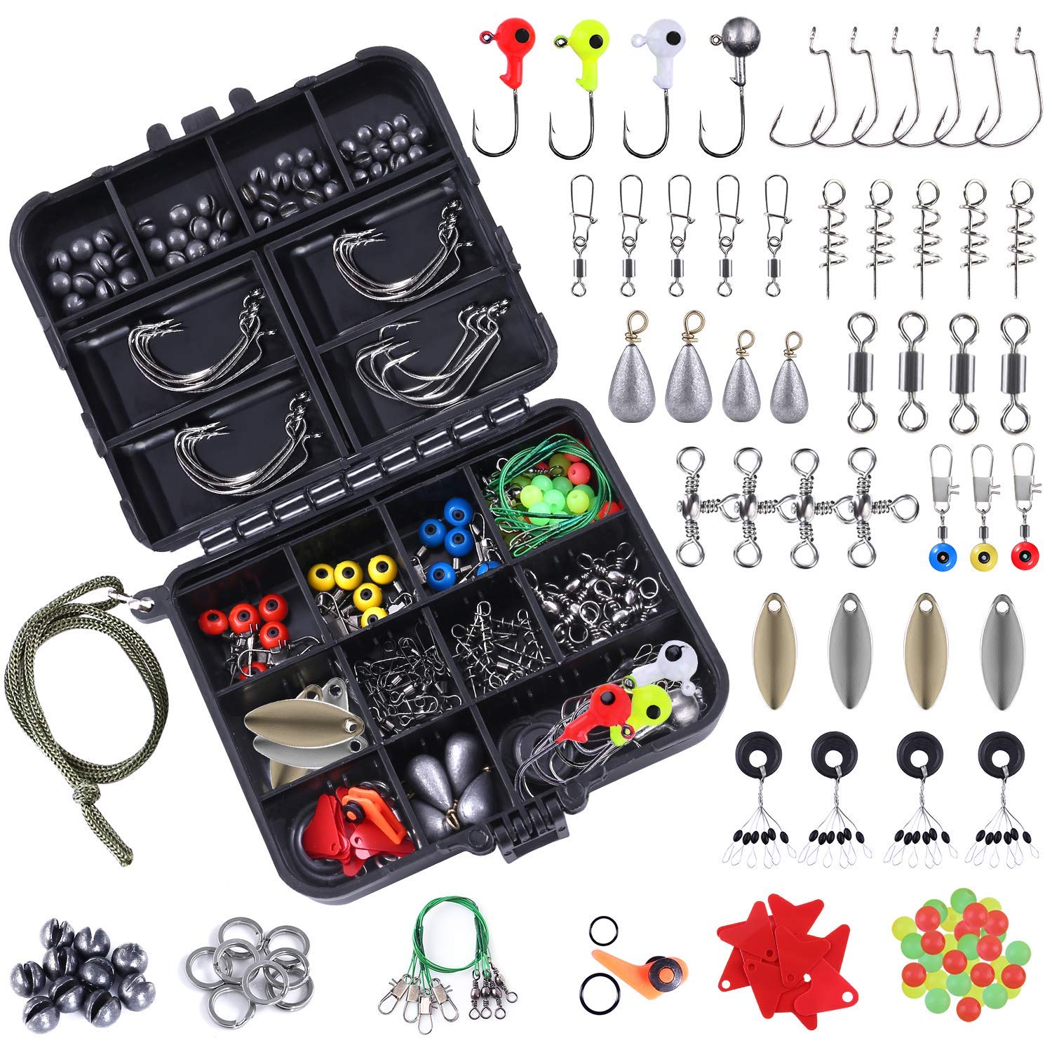 Proberos® 188 Pcs Stainless Steel Fishing Accessories Kit Including Fish Jig Hooks, Bullet Bass Casting Sinker Weights, Fishing Swivels Snaps, Sinker Slides, Fishing Set with Tackle Box