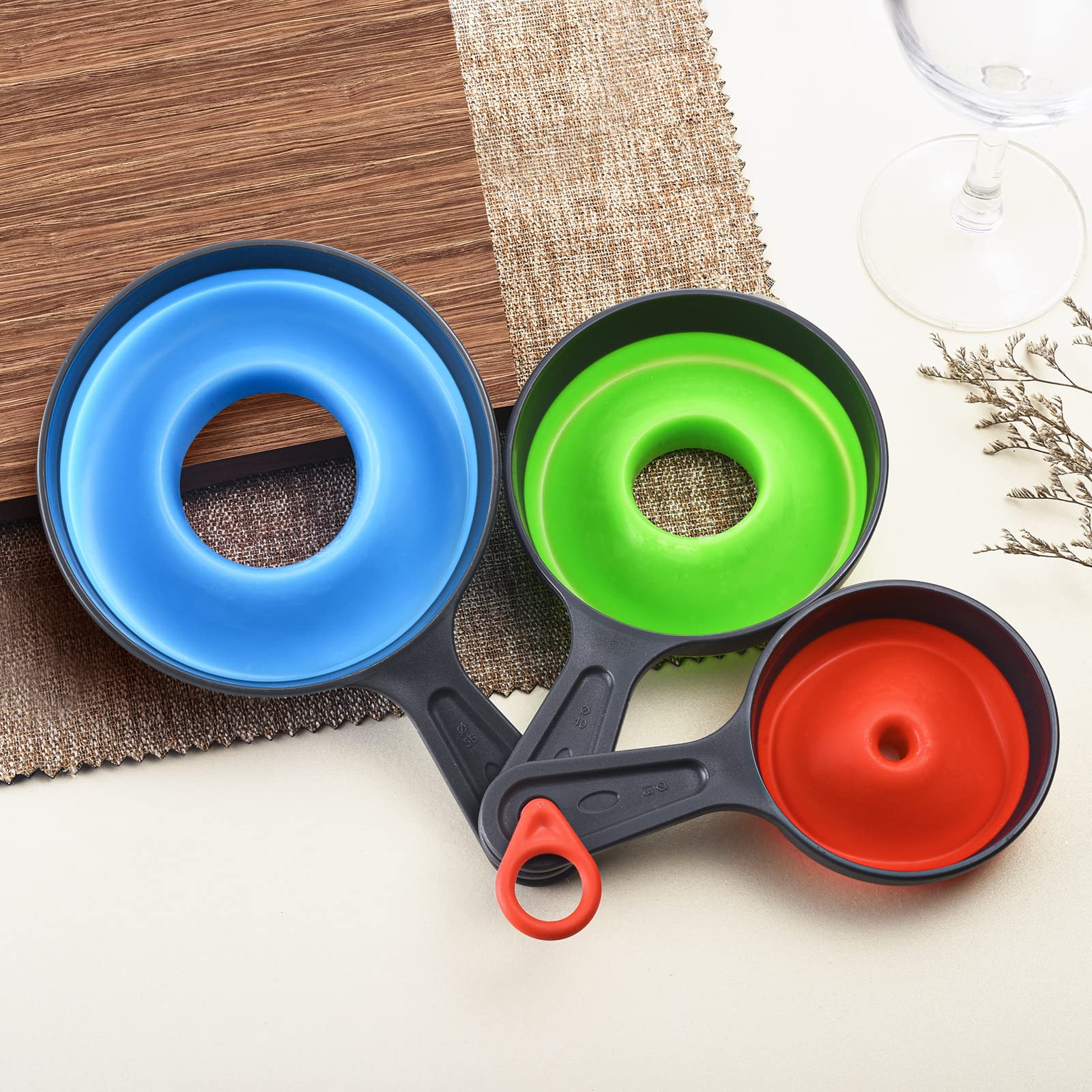 ELEPHANTBOAT® 3Pcs Kitchen Funnels Set for Kitchen Use Mason Jars for Filling Bottles, Silicone Collapsible Funnel for Transfer Liquid, Oil and Powder, Three Size Wide Mouth Funnel with Handle