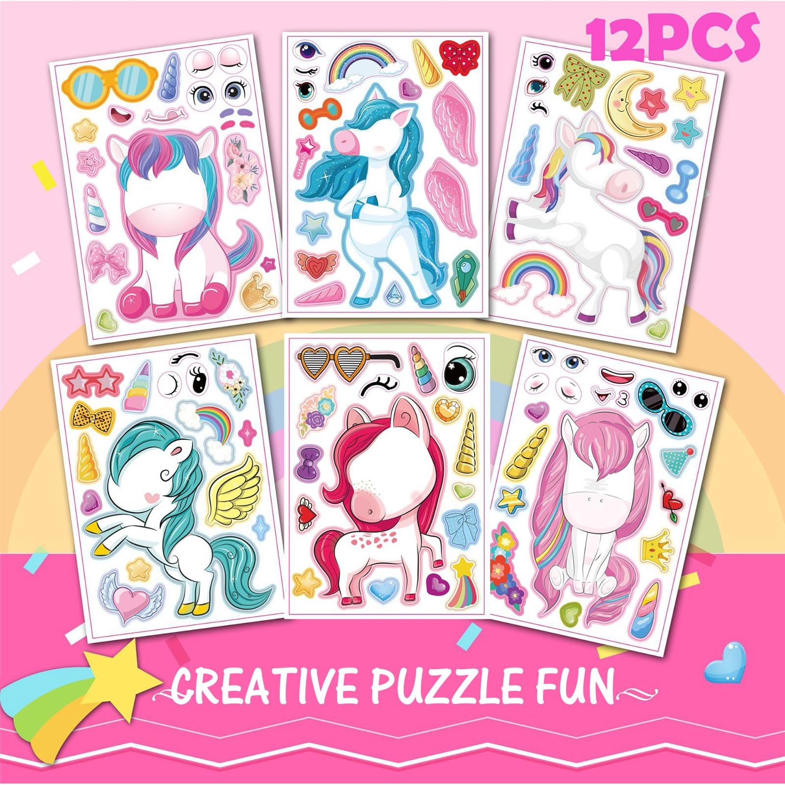 PATPAT DIY Unicorn Stickers Set for Kids with 12 Sheets & Reusable Puzzle Designs | Fun Craft Gift