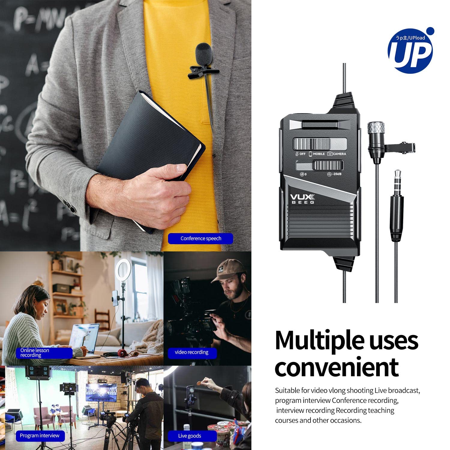 Lavalier Microphone Set for YouTube and Interviews with 6 m Cable featuring 20 dB Noise Reduction