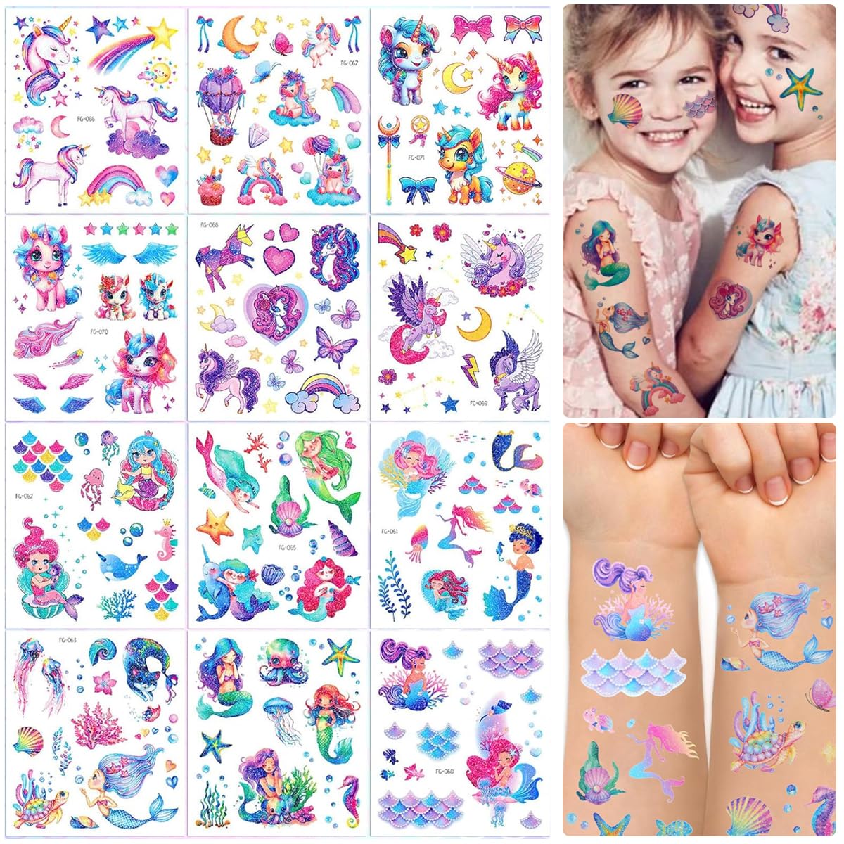 MAYCREATE Temporary Tattoo Stickers for Party featuring 12 Sheets Glitter Waterproof Designs | Safe for Kids