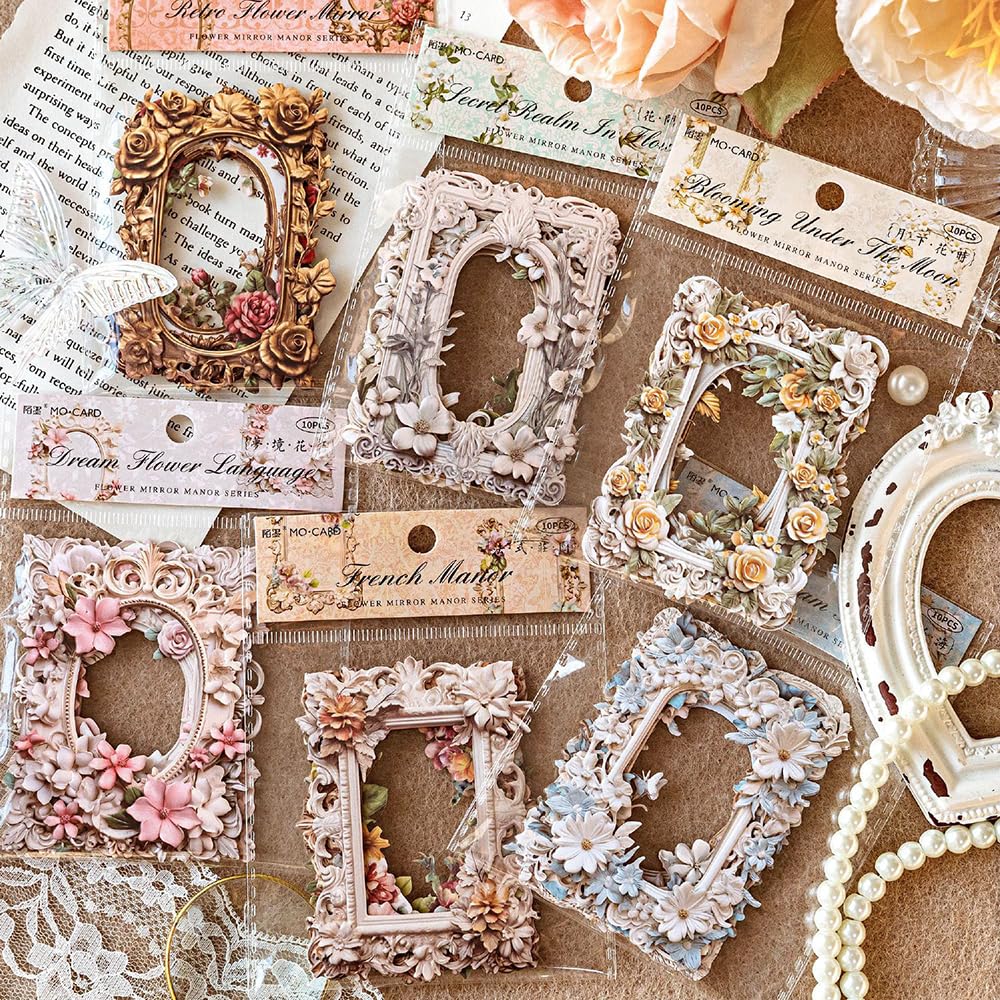 HASTHIP® 60Pcs Embossed Flower Lace Frame Scrapbook Paper, 6 Styles Hollowing Relief Flowers Vintage Paper Floral Window Frame Collage Paper Decorative Paper For Junk Journal Crafts Scrapbook