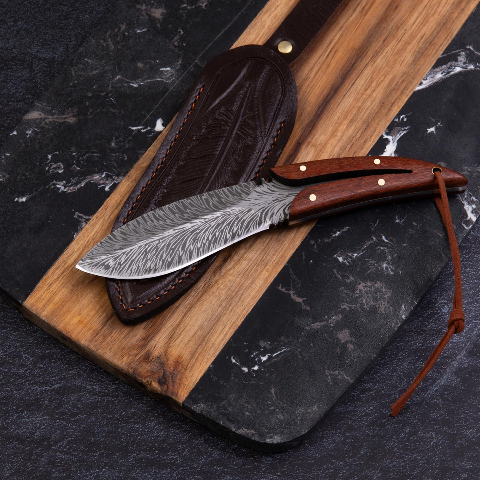 Serplex Kitchen Knife for Meat Cutting with Full Tang High Carbon Steel Blade 7.8 in | Rosewood Handle and Leather Sheath