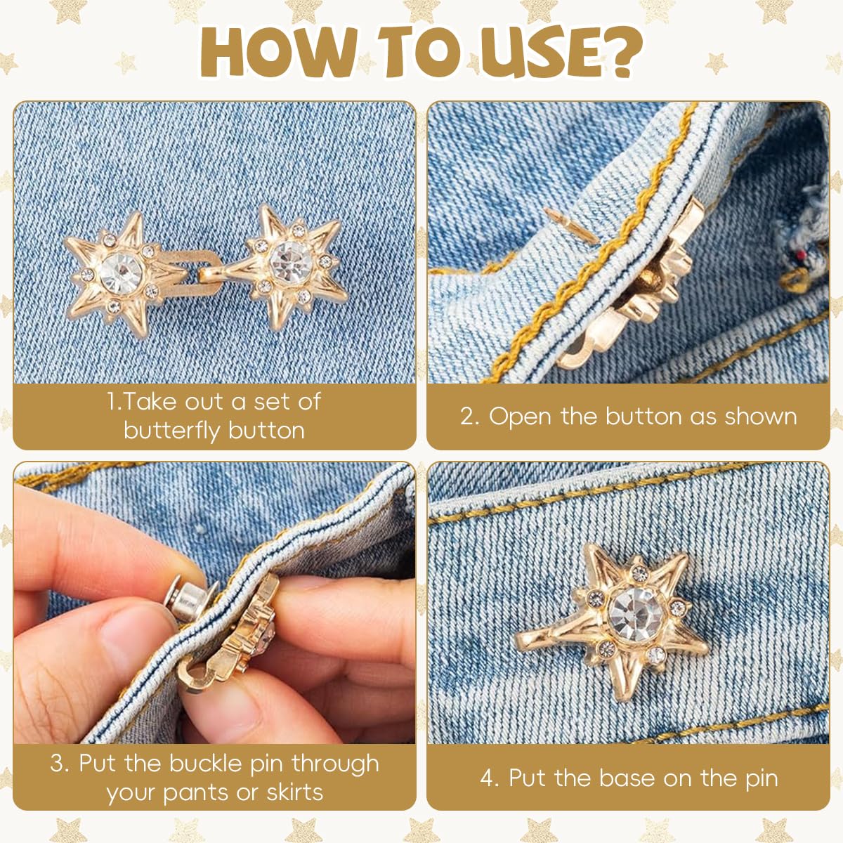 SANNIDHI Jeans Waist Adjusters for Women with Star Rhinestone Clips 4 Pairs Alloy Set | No Sew Fit Fix