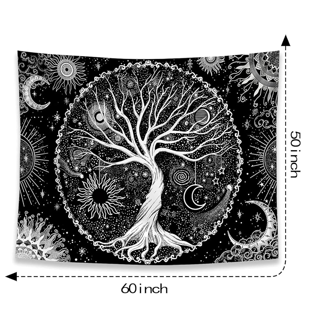 HASTHIP® Tree of Life Tapestry Black and White Galaxy Space Aesthetic Wall Art Bed Cover Hanging for Bedroom 50×60 Inches 2PCS