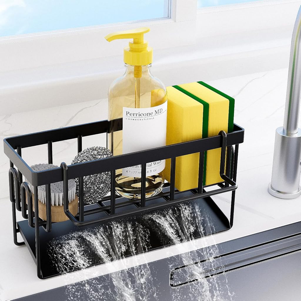 HASTHIP Sponge Holder for Kitchen Sink, Stainless Steel Sink Caddy with Self Drain Tray, Rustproof Kitchen Sink Organizer Brush Caddy Sponge Rack for Kitchen Accessories, 23x10x12cm