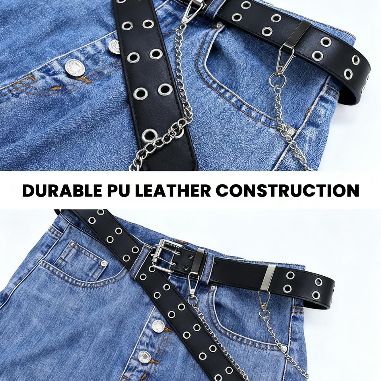 SANNIDHI Belt for Women featuring Dual Row Metal Eyelets and Chain in Black PU Leather