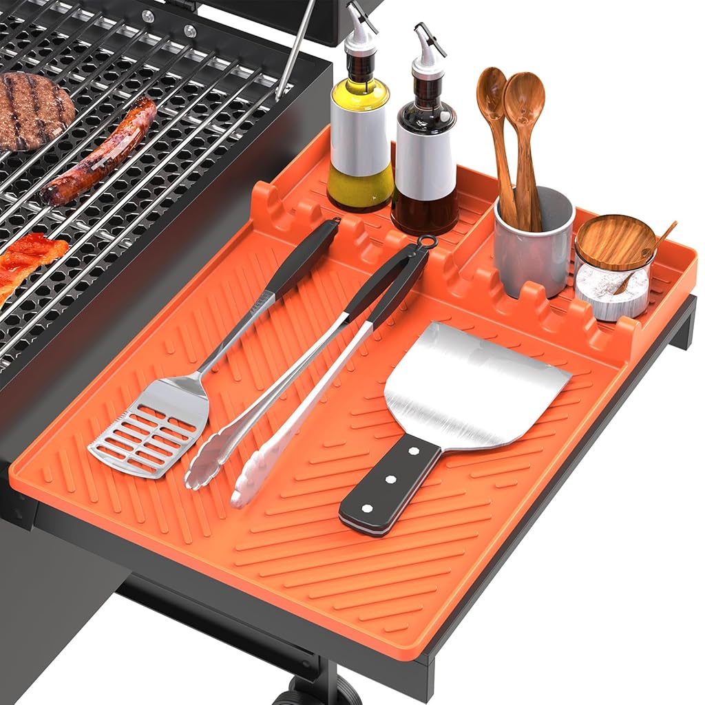 HASTHIP Silicone Grill Mat Compatible - Utensils Organizer Mat - Kitchen Drain Mat - Silicone Griddle Tools Mat with Drip Pad - Heat Resistant Grill Mat - Seasoning Bottles Tray & Kitchen Utensils