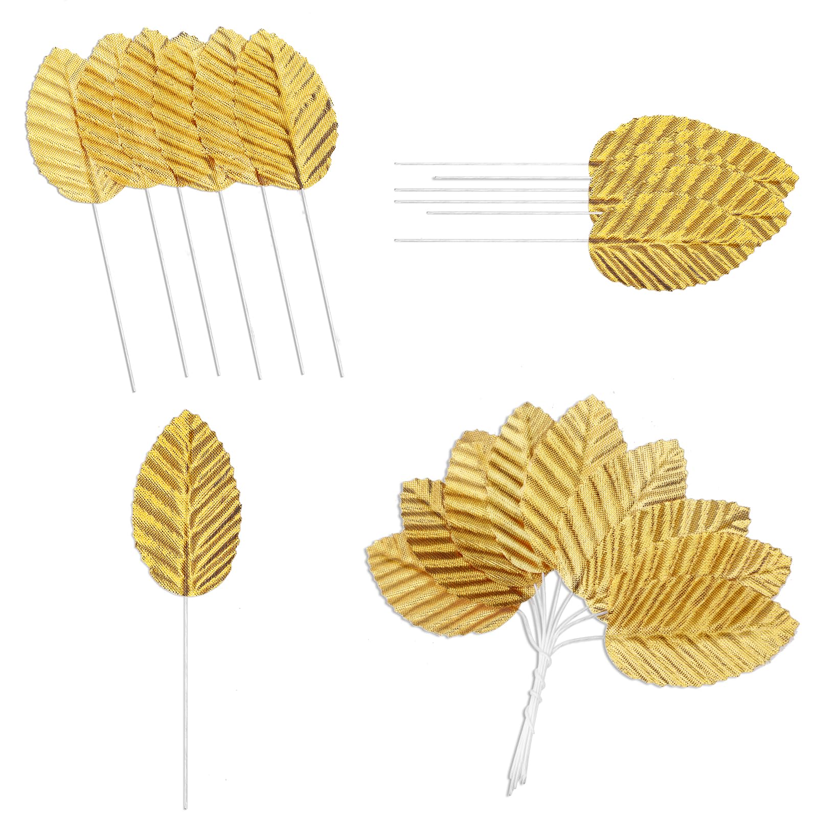 HASTHIP® 200Pcs Golden Leaves for Decoration 1.96 inches Fabric Golden Leaves with Flexible Stem, Embossed Golden Leaves Craft Decorative Golden Leaves for DIY Handcrafts, Scrapbooking, Album Decor