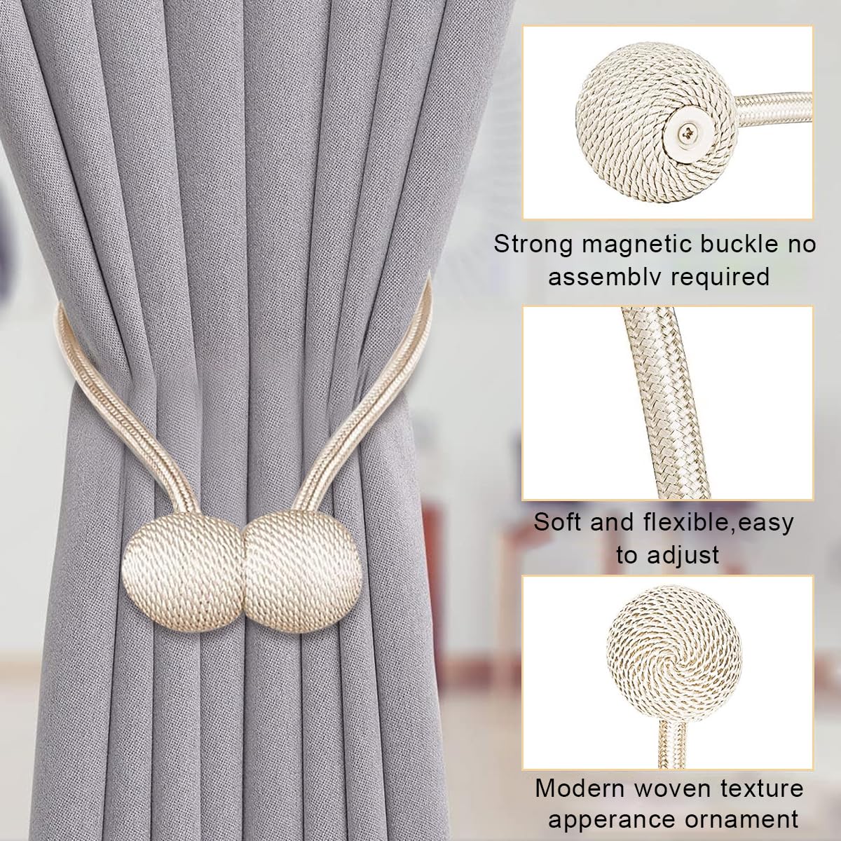 HASTHIP Magnetic Curtain Tiebacks for Home and Office with 40cm Rope & Strong Magnets | Pack of 4