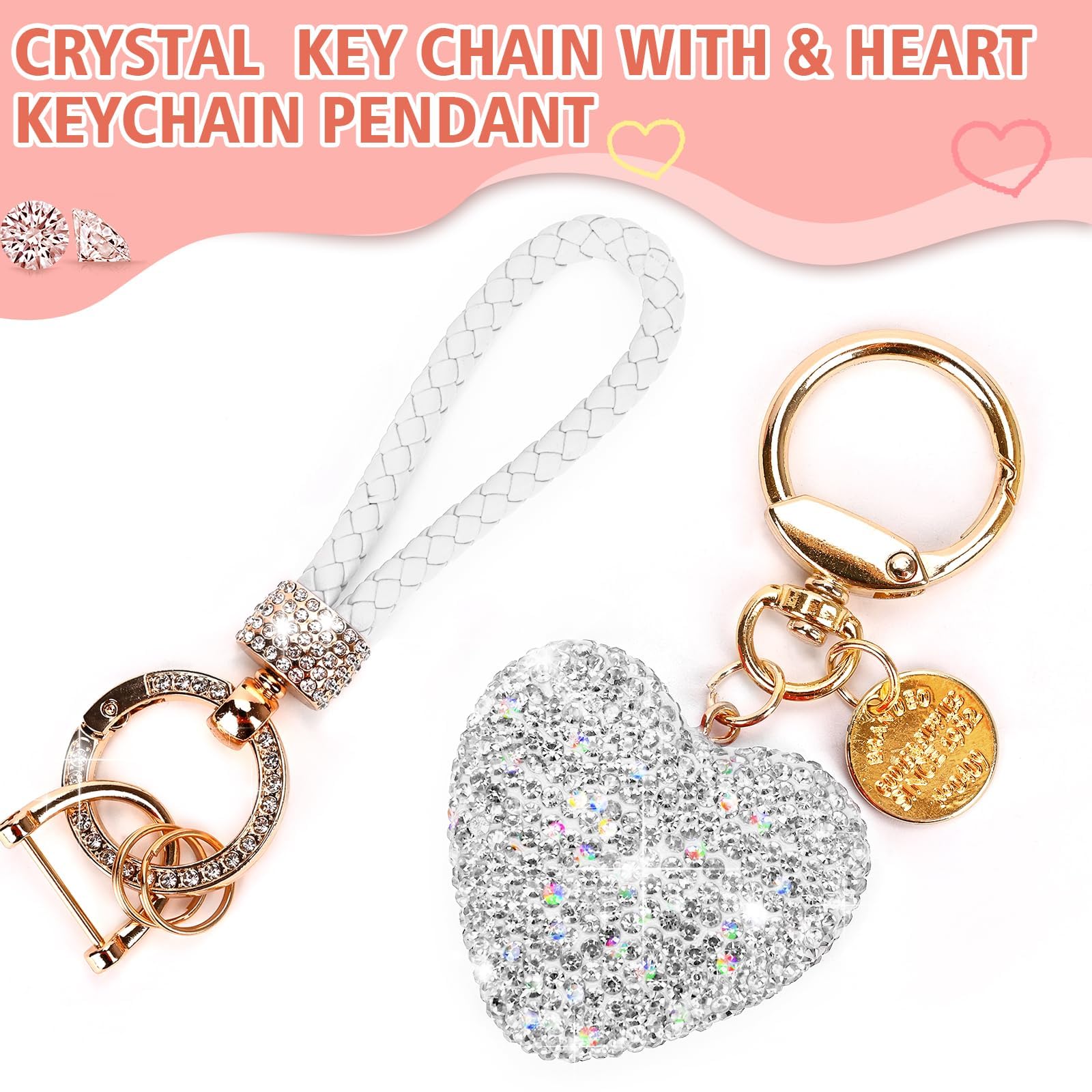 PATPAT Glittering Heart Keychain for Bags and Cars with D Clip & Wriststrap | Rhinestone Alloy Charm for Women