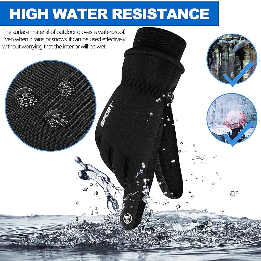ZIBUYU® Winter Gloves for Men Warm Bike Riding Touch Screen Finger Microfiber Anti-Slip Windproof Waterproof Snow Ski Hand Black 3PCS