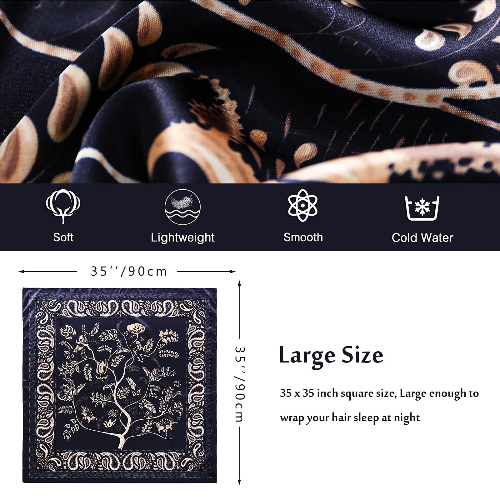 PALAY Women Satin Silk-Feel Scarf 35x35 for Hair and Head Wrap | Jacquard Print Navy Blue