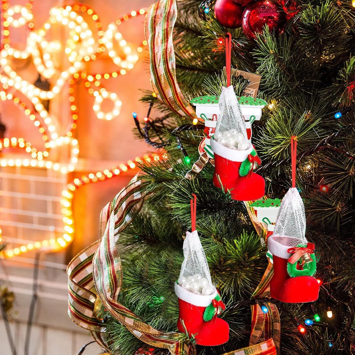 HASTHIP Christmas Stockings for Xmas Tree Hanging Decor 12Pcs 5x6 cm with Drawstring Mesh Liner