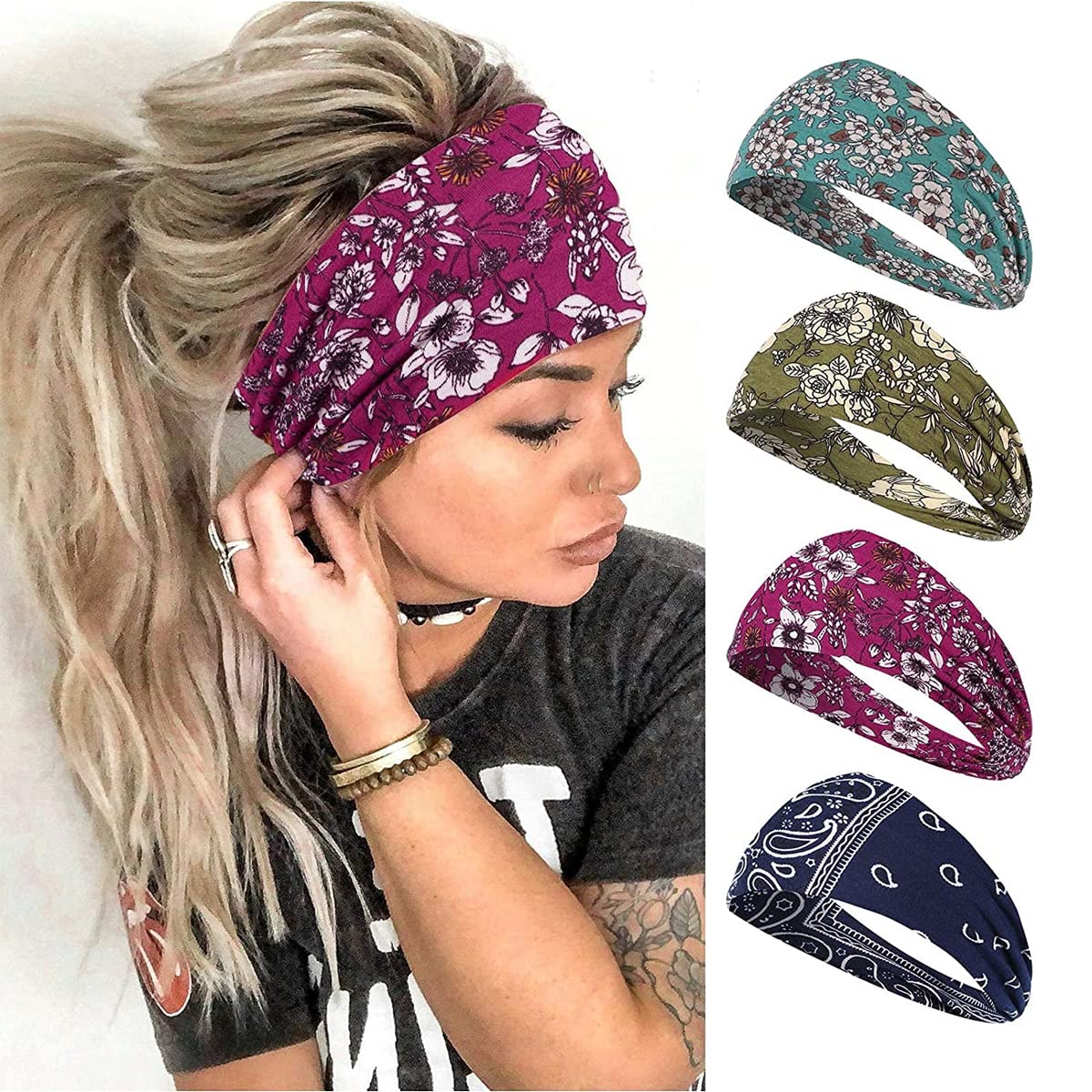 Proberos® 4Pcs Gym Headbands Bohemian Headbands for Women Girls Men, Stretch Wide Hair Bands Stylish Yoga Sweatband for Workout, Running, Tennis, Badminton, Marathons, Cycling