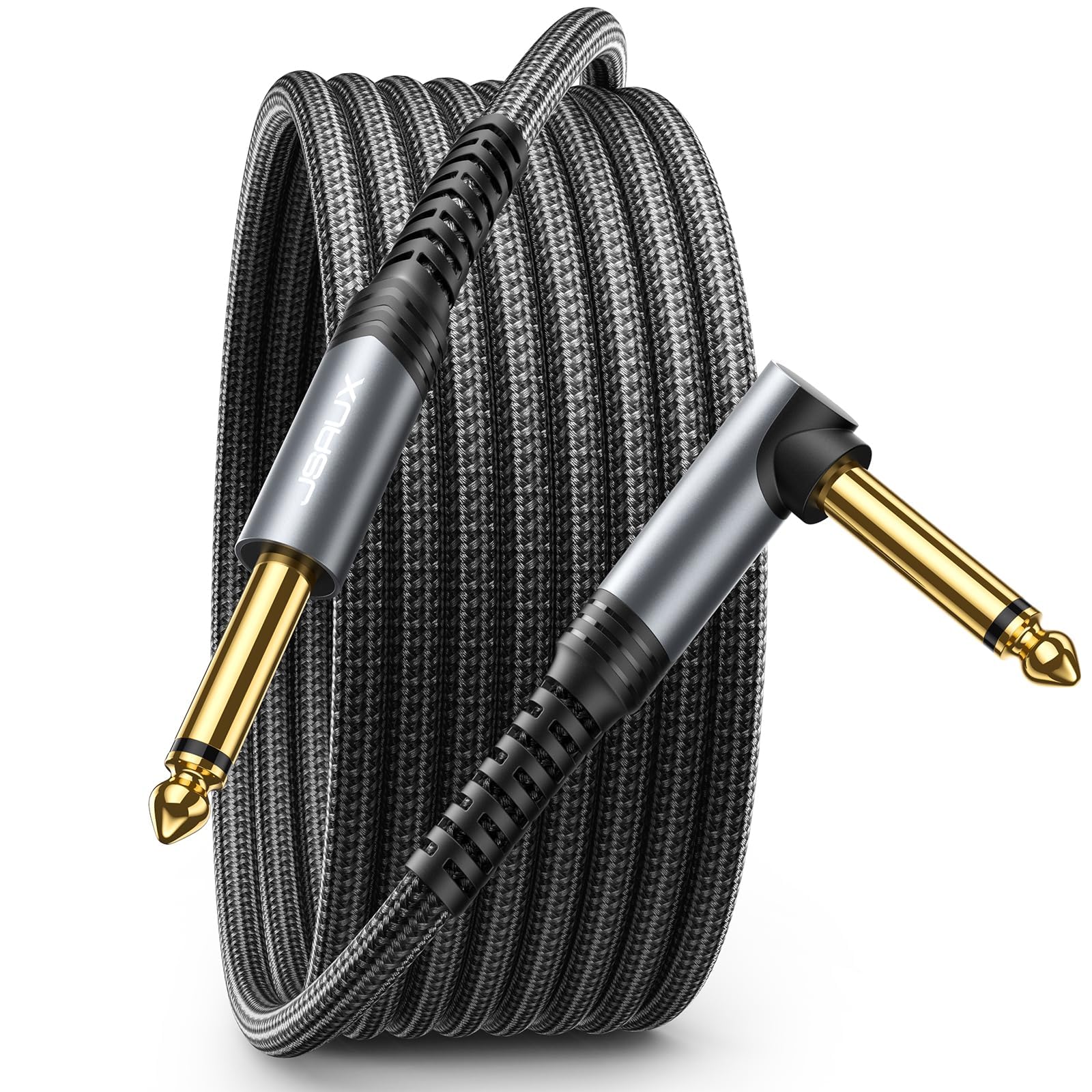 JSAUX 6.35mm Audio Cable for Electric Guitars and Bass featuring Right Angle Plug | 9.8 ft Nylon Braided Grey
