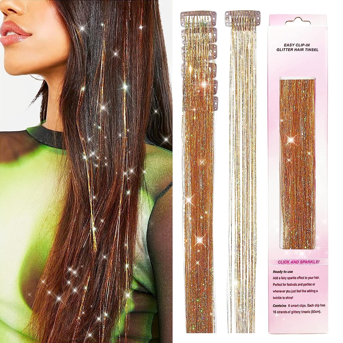 MAYCREATE Hair Tinsel Extensions for Party and Daily Use featuring 6pcs 20.5 in Clip-on Brown Strands