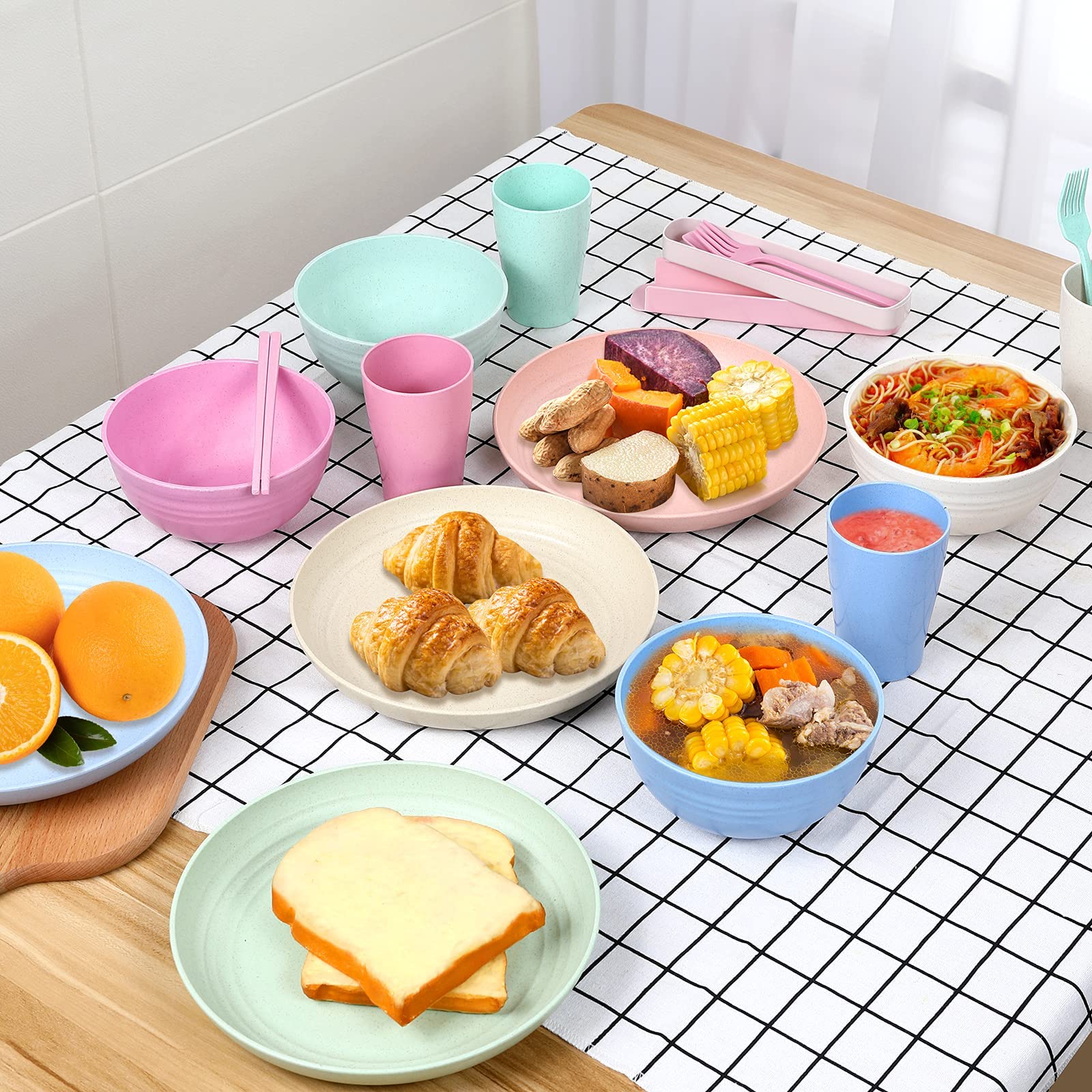 HASTHIP Dinnerware Set for Everyday Meals with 28 Pcs Unbreakable Wheat Straw Tableware