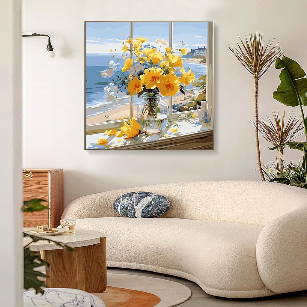 HASTHIP® Paint by Numbers Sunshine Sea House Landscape Acrylic Oil Painting DIY Canvas Art Craft Wall Home Decor Gift Kit with Tools Pigments No Frame 16x20 inches 2PCS