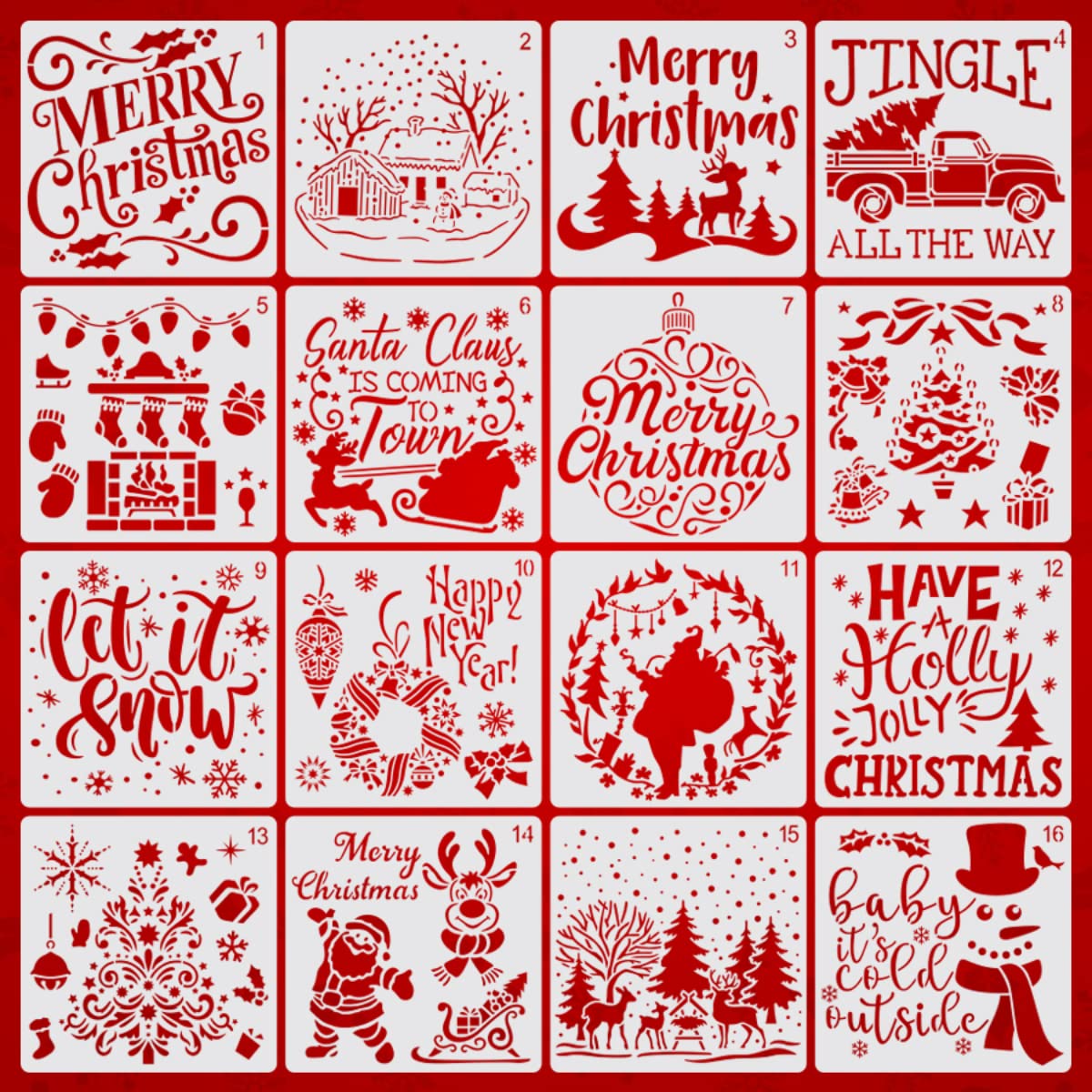 HASTHIP 16 Pcs Christmas Decoration Stencils, Stencils for Painting, Reusable Painting and Drawing Christmas Stencil for Home Decor DIY Crafting Wardrobe Decor (15*15cm)